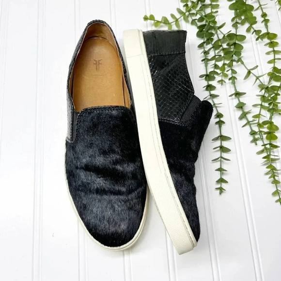 Frye Gemma Black Calf Hair & Faux Snakeskin Slip On Sneakers Women's Size 7.5 - Picture 1 of 7